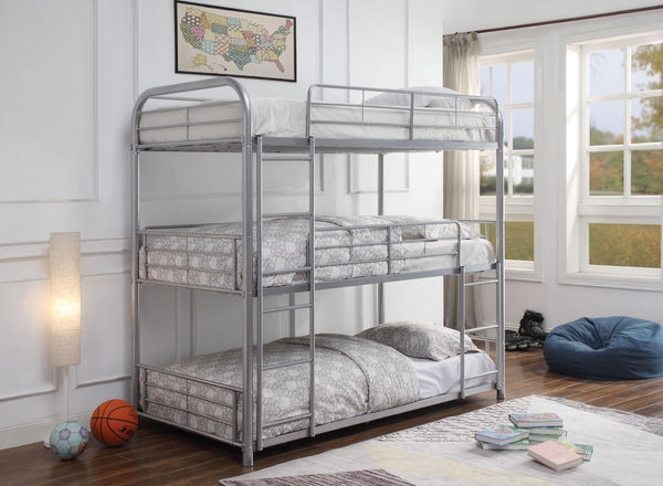 Space-Saving Triple Bunk Bed Grey Polished Metal Three-Tier Design