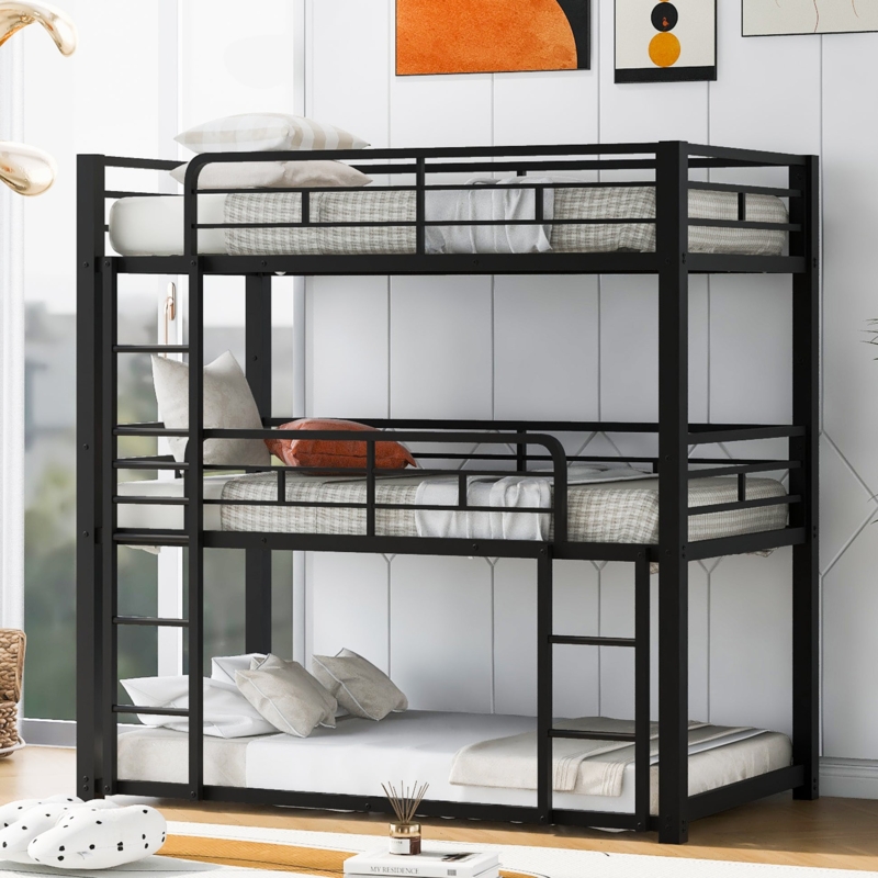 Space-Saving Triple Bunk Bed, Two Integrated Ladders