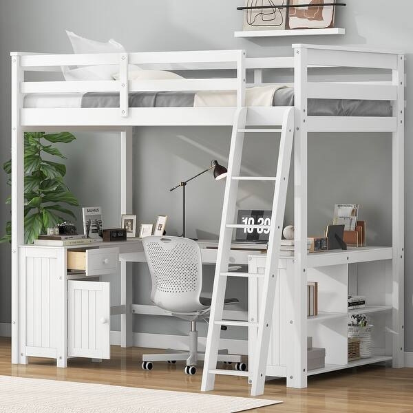 Spacious Full Loft Bed U-Shaped Desk Integrated Storage Drawers