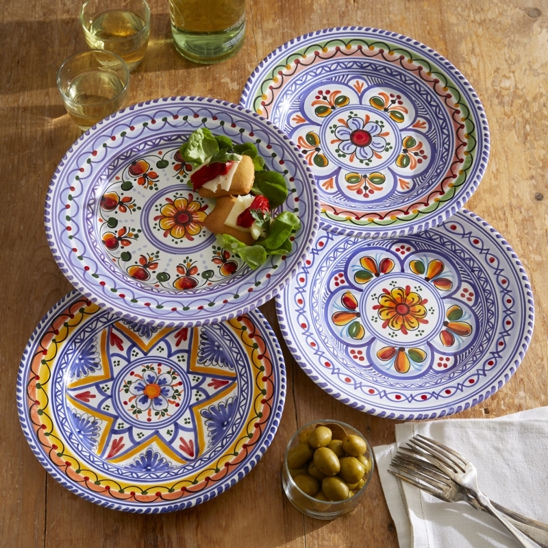 Spanish Style Ceramic Plates, Glossy Hand Painted Bird Folk Art Motif.