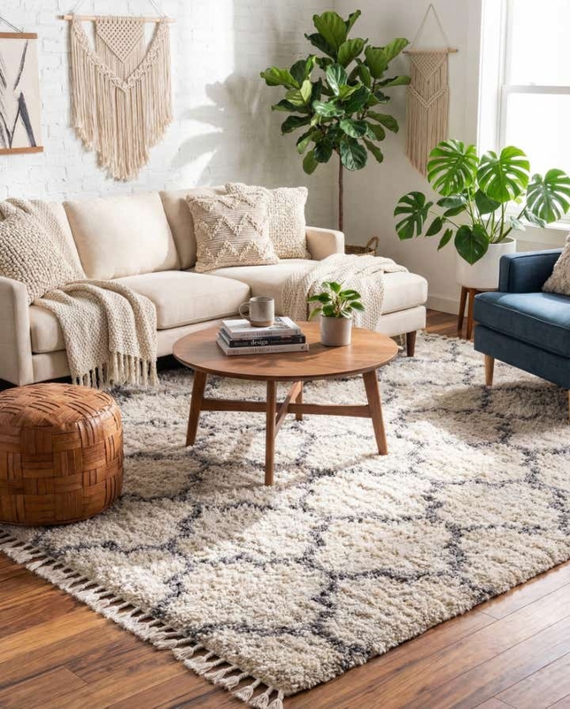 Square Area Rug Beige Shag High Pile Trellis Pattern Scandinavian Hygge