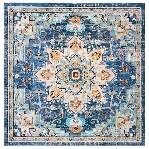 Square Area Rug Blue Distressed Medallion Vintage Style Boho Chic