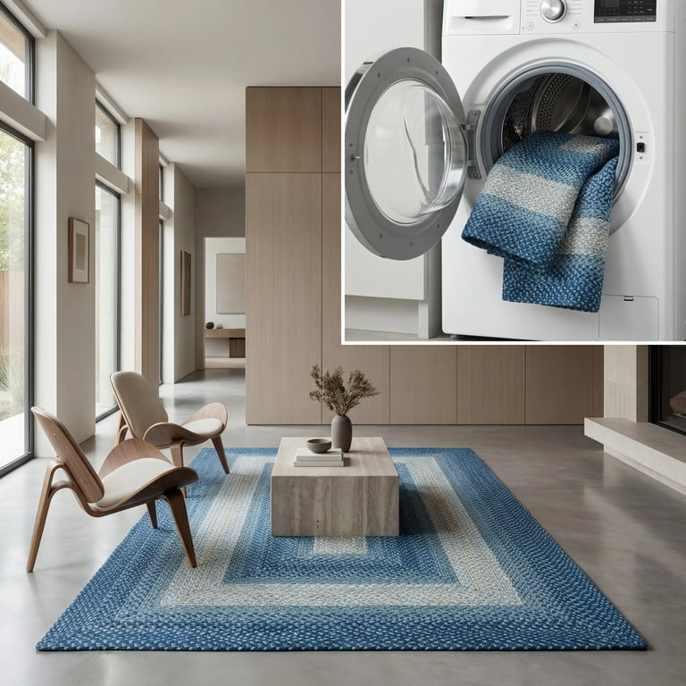 Square Area Rug Braided Navy Grey Coastal Farmhouse
