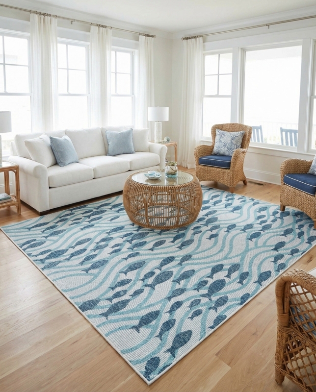 Square Area Rug: Navy Anchor Motif with Rope Border