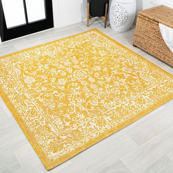 Square Area Rug Oversized Floral Botanical Mustard Cream Bohemian