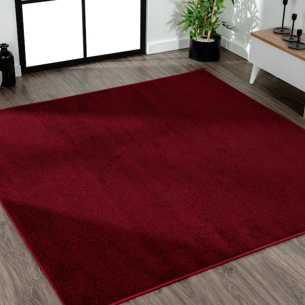 Square Area Rug Saturated Solid Dark Red Low Pile