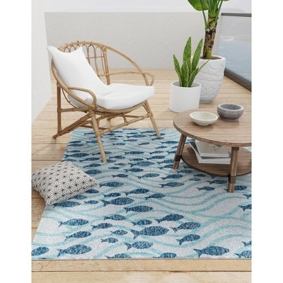 Square Outdoor Rug: Navy Repeating Starfish Motif, Flatweave