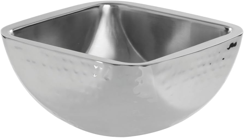Square Serving Bowl, Hammered Stainless Steel with Polished Finish