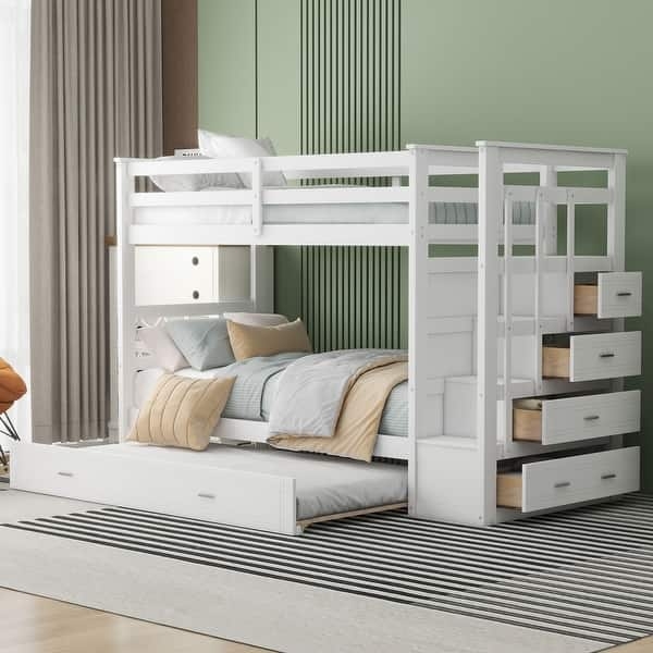 Staircase Bunk Bed with Storage Drawers in Matte White Finish
