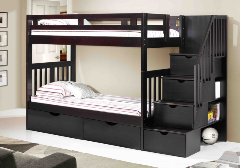 Staircase Bunk Bed with Underbed Drawers and Dark Finish