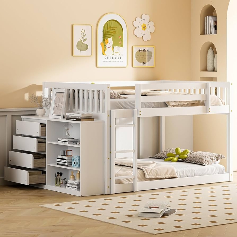 Staircase White Full Over Full Bunk Bed with Quadruple Drawers