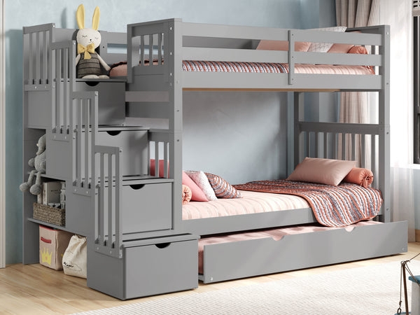 Stairway Bunk Bed Gray Twin Over Twin Built In Storage Trundle