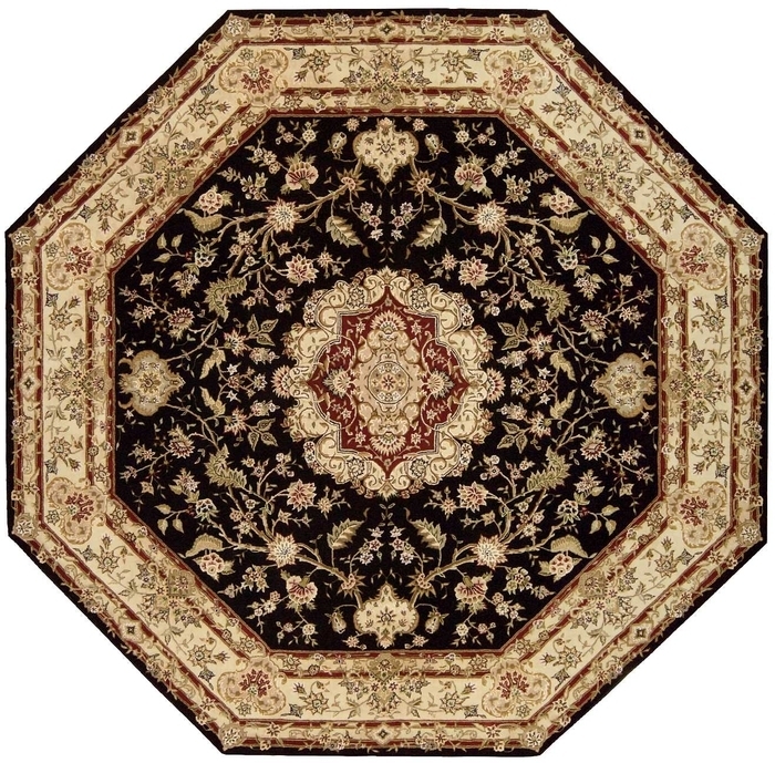Stately Black and Cream Rug with Classic Octagonal Floral Design