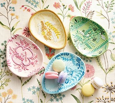 Stoneware Appetizer Plates Set of 4 Egg Shaped Botanical Pastel