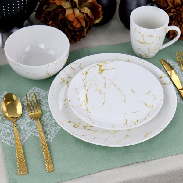 Stoneware Dinnerware Set Grey Marble Pattern Gold Rim