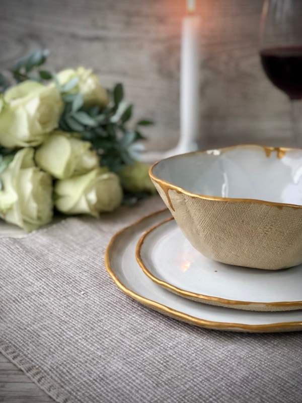 Stoneware Dinnerware Set Matte Finish Organic Gold Edges