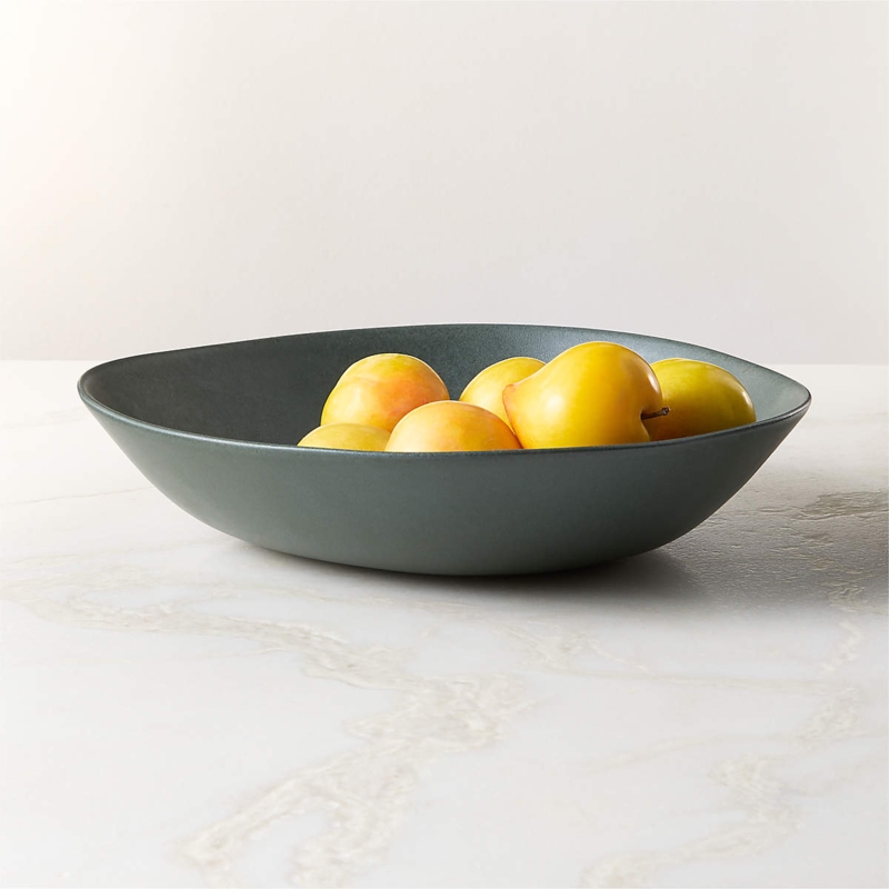 Stoneware Serving Bowl, Emerald Green Speckled Glaze on Footed Base
