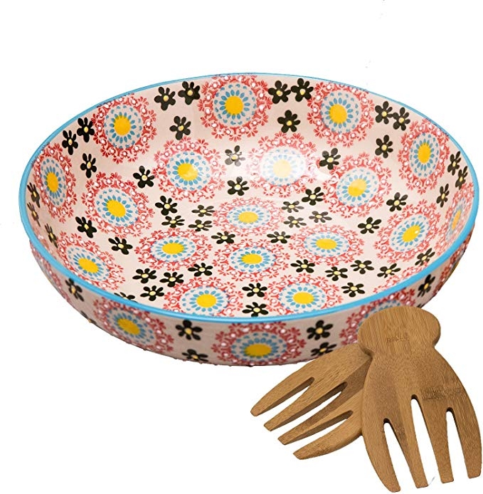 Stoneware Serving Bowl, Oversized Mexican Floral, Hand-Painted Aesthetic