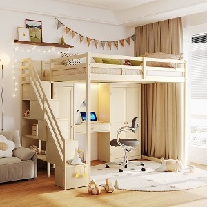 Storage Loft Bed Full Size White Built-In Vanity Desk Staircase