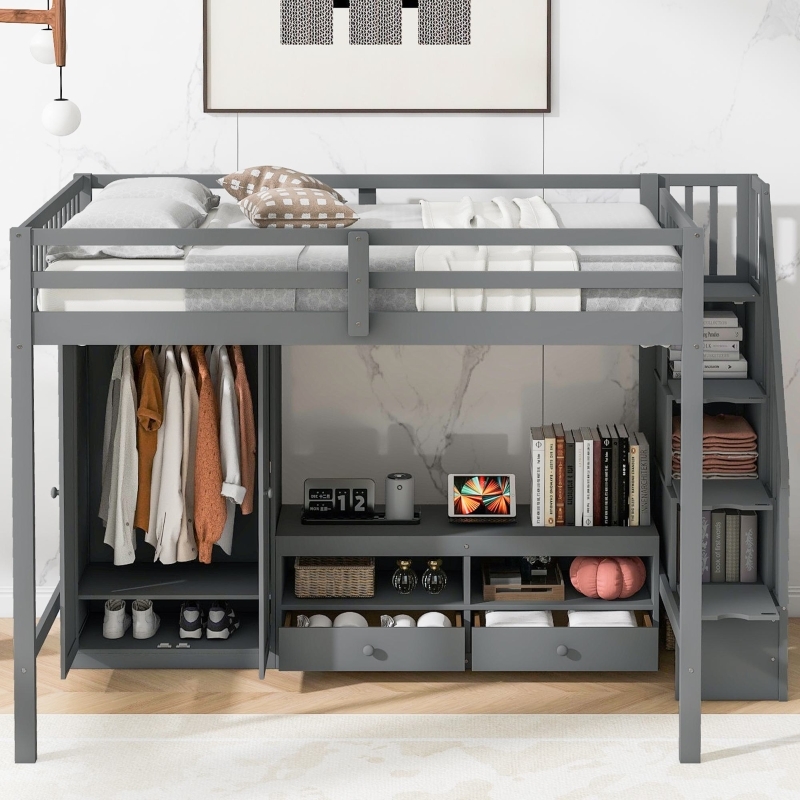 Storage Staircase Full Size Loft Bed with Wood Toned Desk, Wardrobe