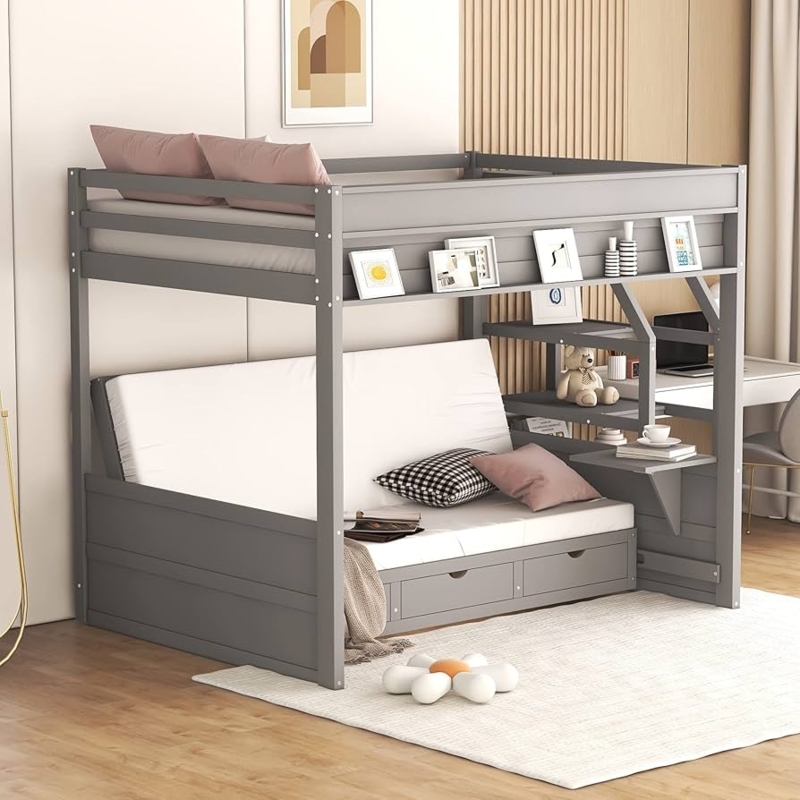 Storage Staircase Gray Full Over Full Bunk Bed with Underbed Drawers