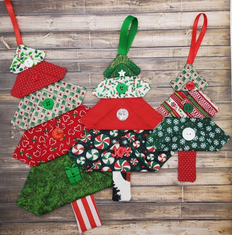 Stuffed Fabric Tree Ornaments with Wooden Stick Trunks