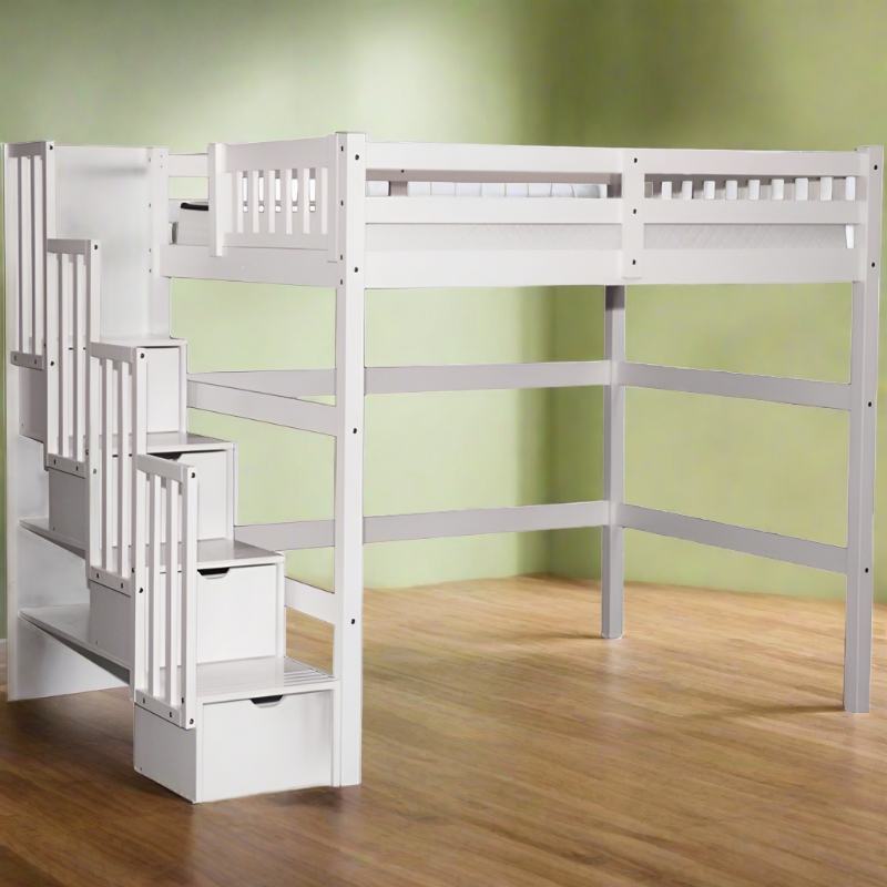 Sturdy Full Loft Bed with Integrated Storage Staircase Drawers