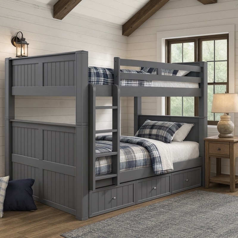 Sturdy Gray Full Over Full Bunk Bed with Block Legs and Ladder