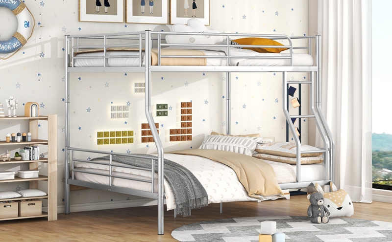 Sturdy Iron Bunk Bed Full over Queen Metal Brushed Finish Frame