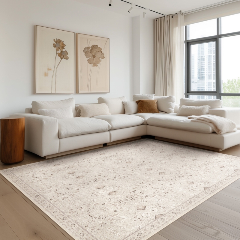 Subtle Linear Pattern Area Rug Cream Japandi Minimalist