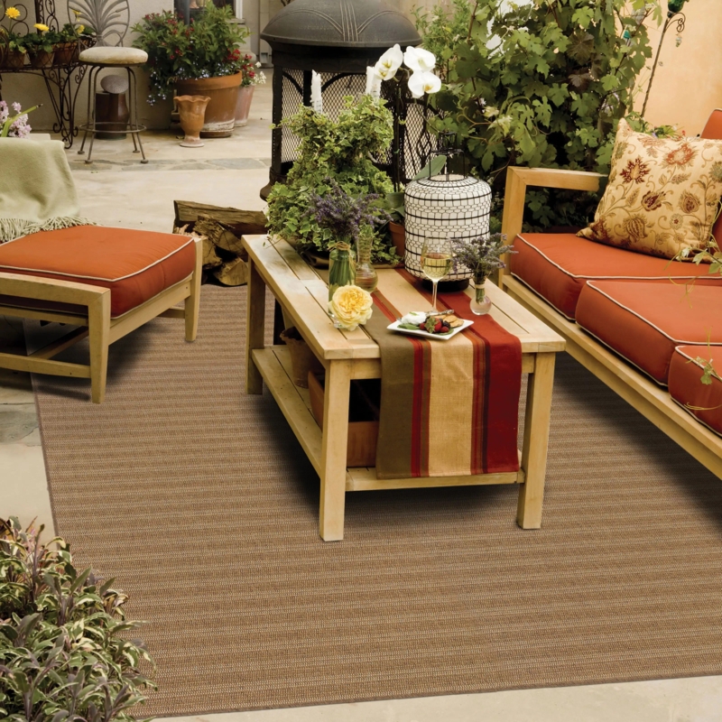 Tan Round Area Rug, High-Low Weave, Transitional Patio Decor