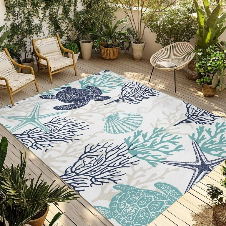 Teal Blue Area Rug with Sea Turtle and Coral Motif, Coastal Patio Decor