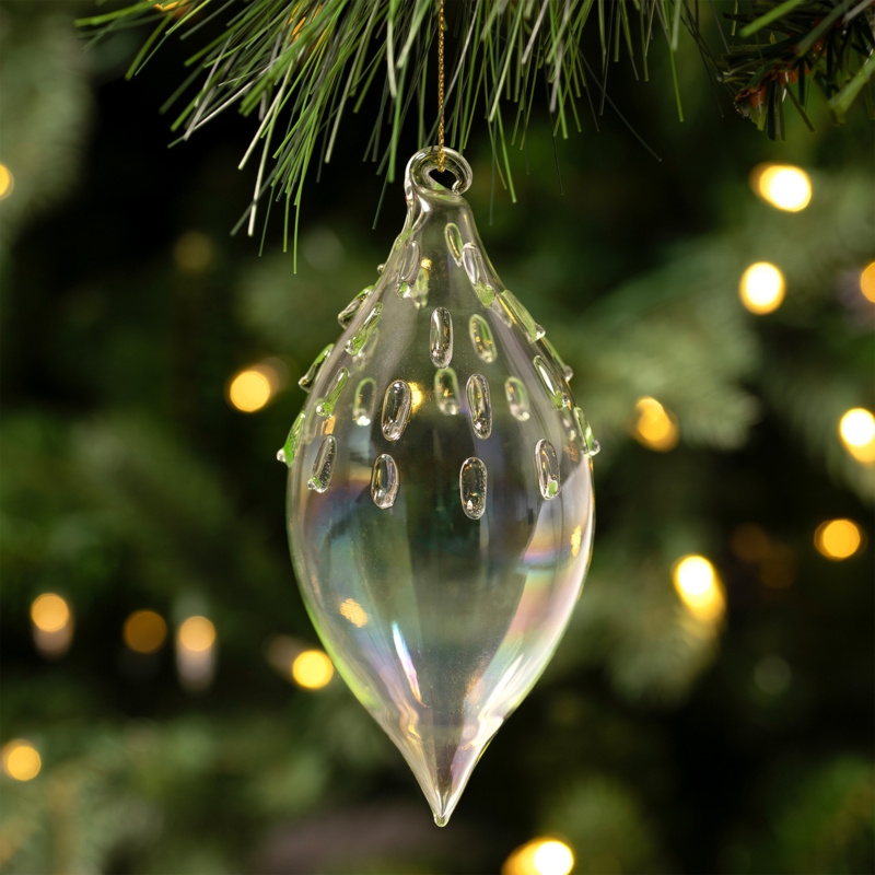 Teardrop Finial Ornament Styled on Flocked Christmas Tree Branch