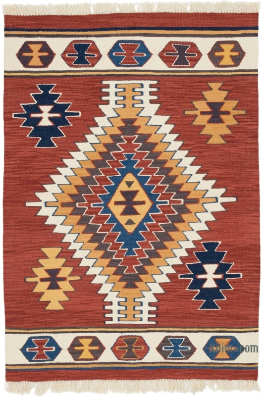 Terracotta and Navy Kilim Area Rug, Small Handwoven Tribal Flatweave