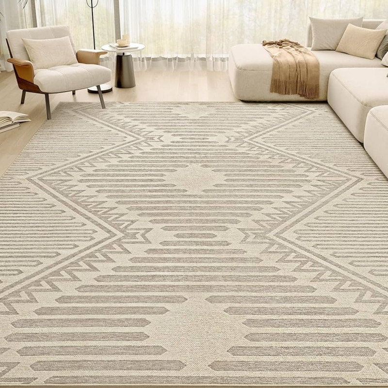 Textured Area Rug, Beige High-Low Pile Diamond Pattern, Boho Style