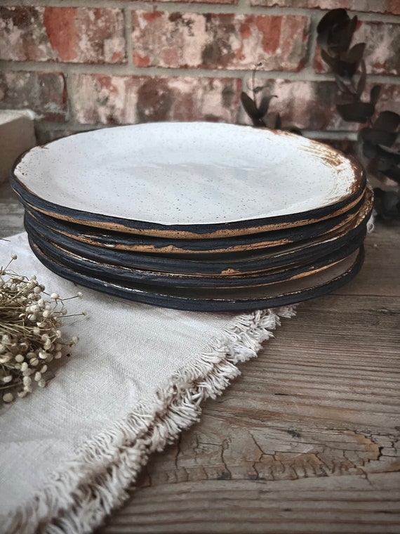 Textured Charcoal Ceramic Dinnerware Plate, Rustic Pitted Matte Finish.