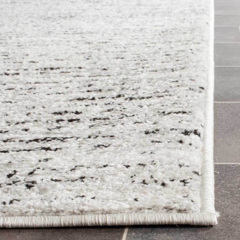 Textured Ivory and Silver Runner, Distressed Geometric High-Low Pile