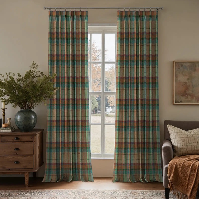 Thermal Lining Curtains Pinch Pleat Forest Green Plaid Wool Like