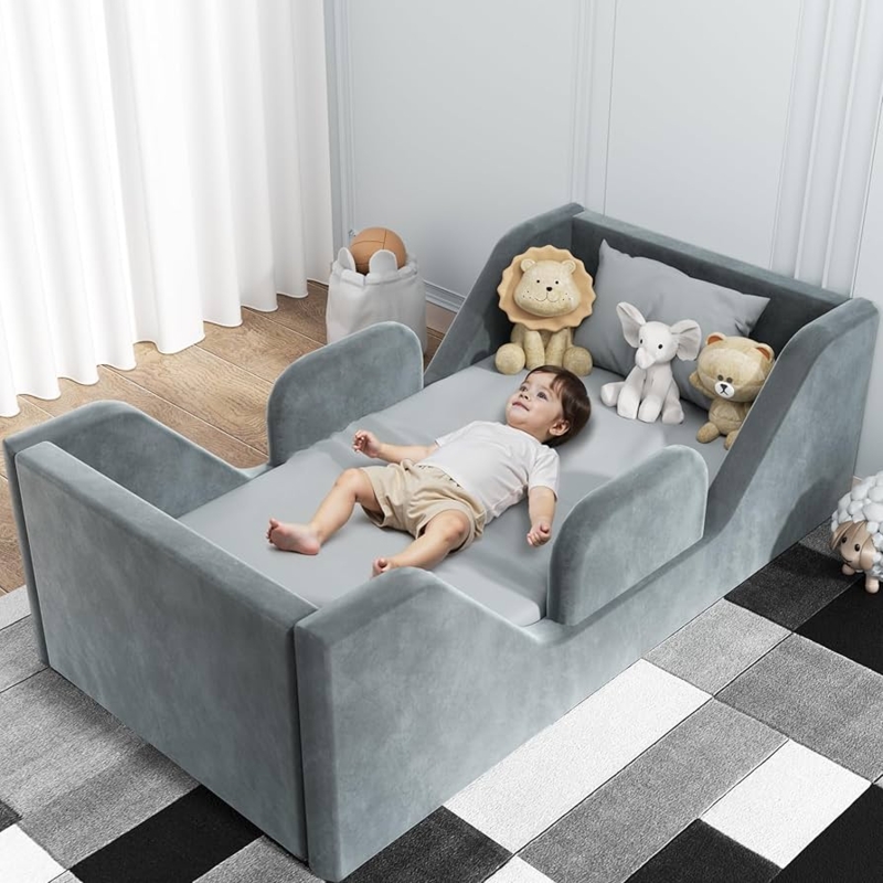 Toddler Bed Grey Upholstered Padded Side Rails Floor Design