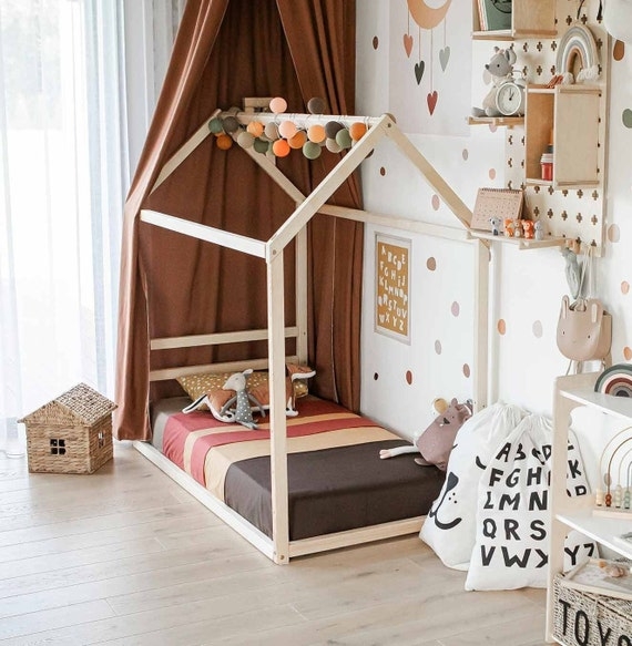 Toddler Bed House Shaped Frame with String Lights Whimsical