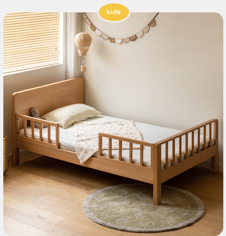 Toddler Bed Natural Wood Vertical Slat Guardrails Open Side Design