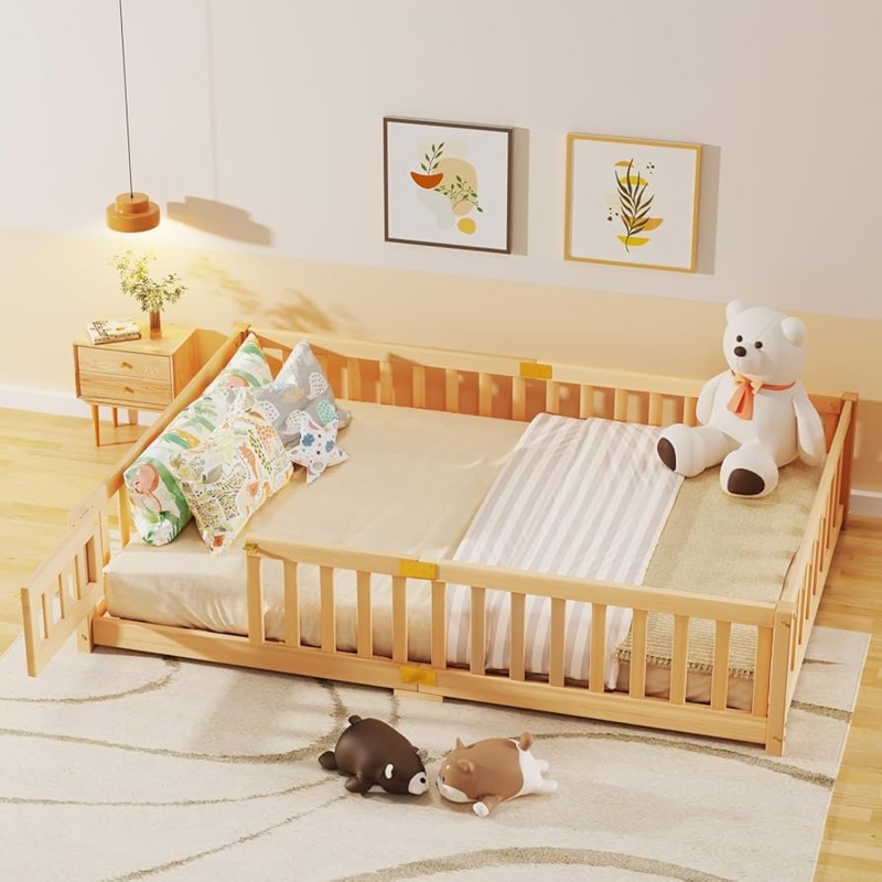 Toddler Bed Natural Wood with Latching Gate Safe Slatted Bed