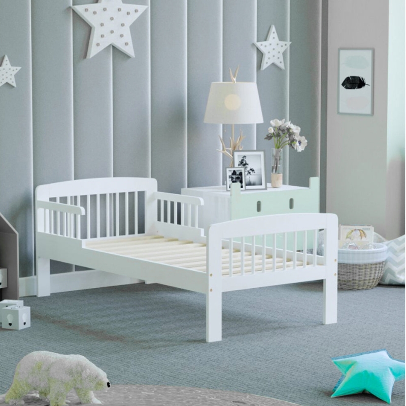 Toddler Bed White Wood Slatted Headboard Guard Rails Minimalist