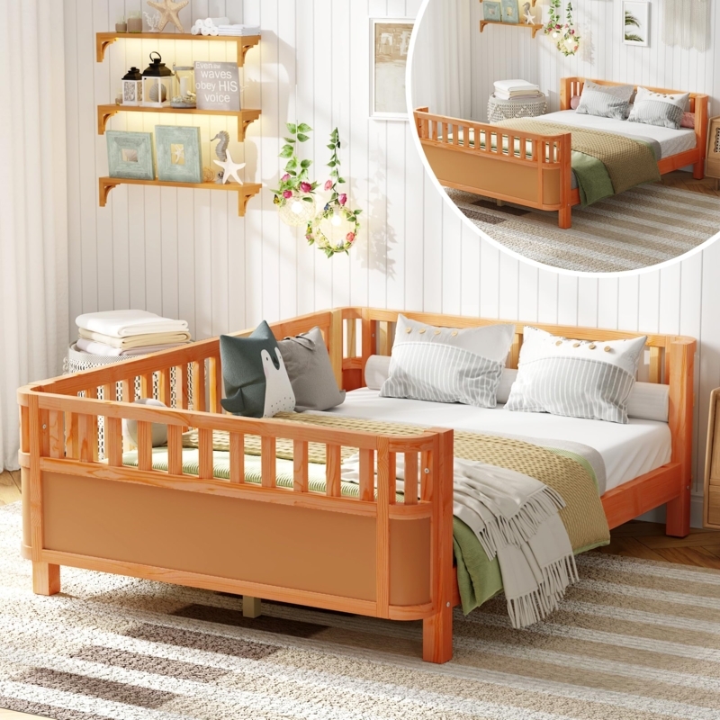 Toddler Bed with Vertical Rails Safe Wooden Bed for Toddlers