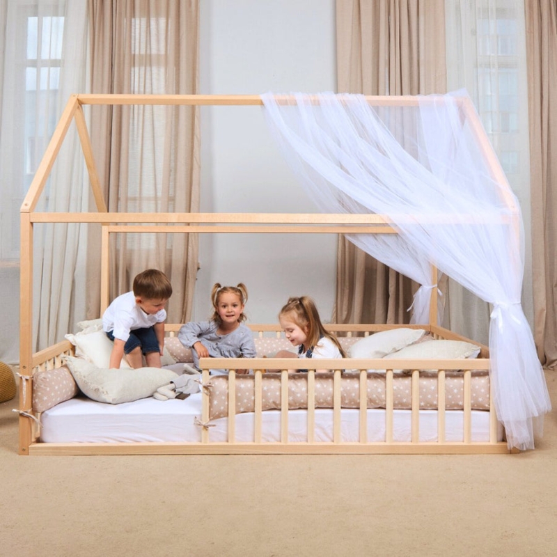 Toddler House Bed Natural Wood A-Frame Floor Level Scandinavian