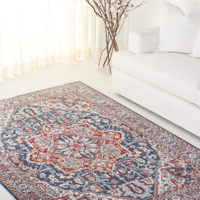 Traditional Area Rug Ornate Floral Border Navy Red Ivory Persian Motif