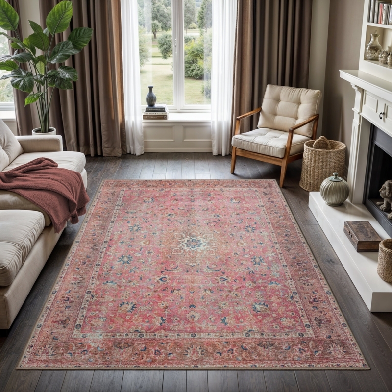 Traditional Coral Oriental Medallion Area Rug Low Profile