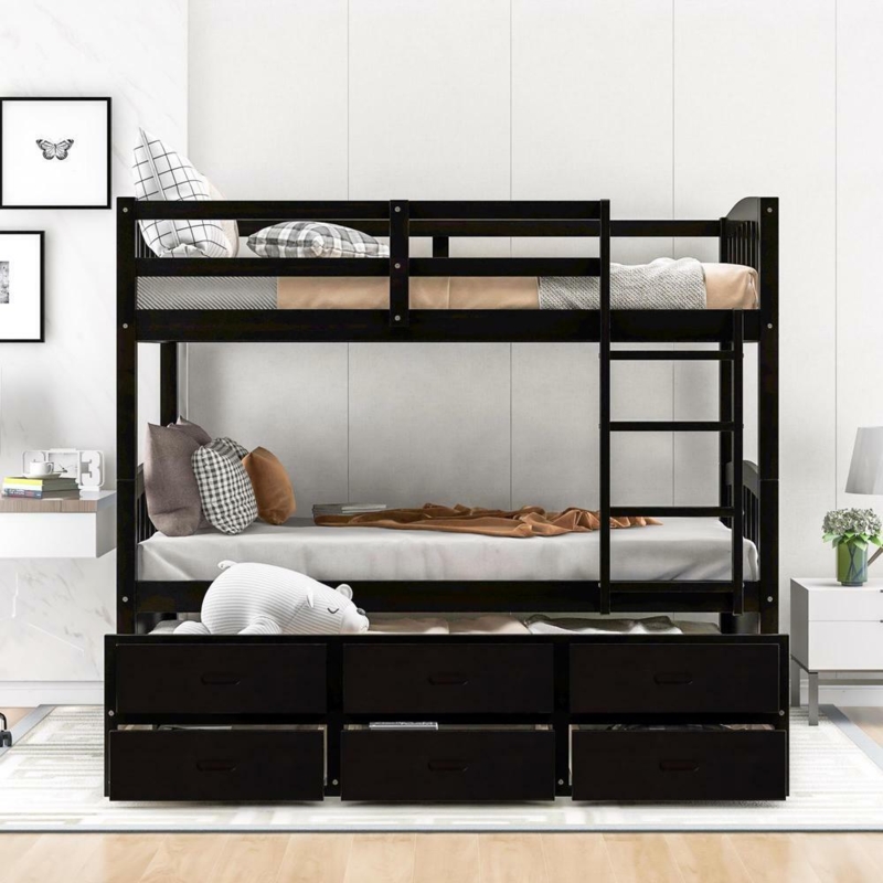 Traditional Espresso Wood Bunk Bed with Three Storage Drawers