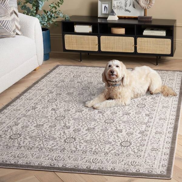 Traditional Floral Area Rug, Silver Ornate Border Design.