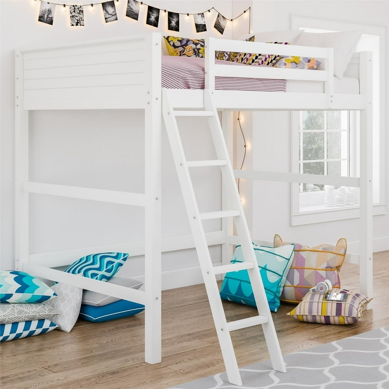 Traditional Full Size Loft Bed with Vertical Slats and Open Clearance.